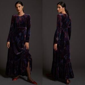 Anthropologie Blue Motif Burnout Velvet Maxi Dress Women’s 2